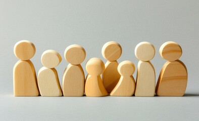 A row of light beige wooden figures, likely representing a family. The figures are simple, stylized forms, positioned close together on a neutral background. A child figure is centrally located