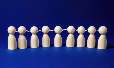 A row of small, light-colored wooden figures connected by thin white threads.  They stand in a straight line against a deep blue backdrop