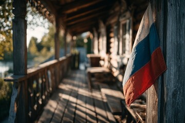 Obraz premium Traditional wooden building featuring a Russian flag, showcasing rustic architecture during golden hour in a serene setting