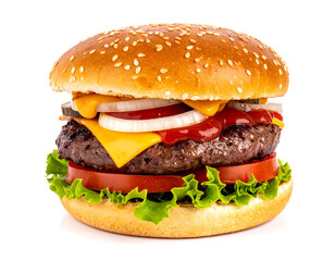 Delicious burger stacked high with fresh toppings and juicy patty, perfect for a satisfying meal. A classic indulgence! Enjoy!