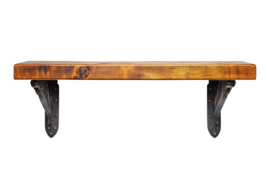Elegant rustic wooden shelf with ornate metal brackets against a black background showcasing on transparent background