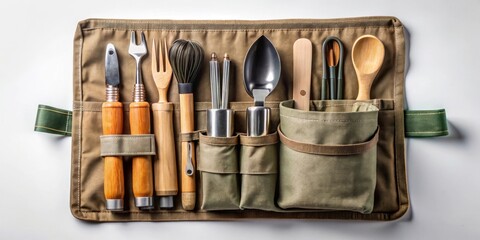 Organized utensil roll with wooden and metal tools for outdoor cooking and culinary adventures