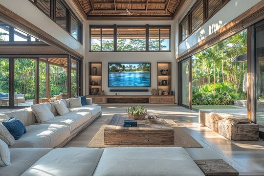 Fototapeta Modern Hawaiian-style living room with high ceilings, flat screen TV, light blue accents, and natural materials like wood, stone, and fabric. Captured with architectural photography and natural light.