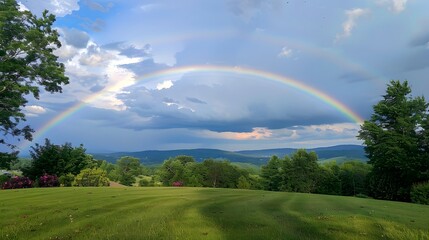 Obraz premium Rainbow After the Rain: A beautiful sky showcasing a vibrant rainbow arching over a landscape after a rain shower. 