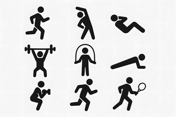 Fitness Icons: A collection of stylized illustrations capturing various exercises and workout activities. These icons represent essential aspects of fitness and health, conveying energy and wellness.