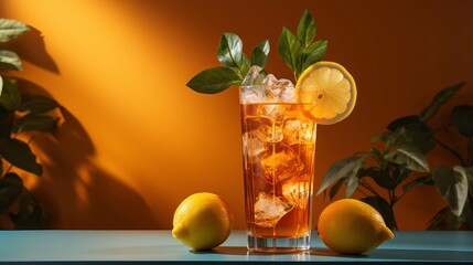 Refreshing iced tea with lemon slices and fresh leaves on a vibrant background, perfect for summer drinks or beverage promotions featuring nature-inspired elements