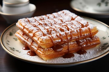 Deliciously Golden Waffles Drizzled with Sweet Chocolate Sauce and Dusting of Powdered Sugar, Perfect for Breakfast or Dessert, Tempting Food Photography