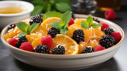 Fresh and Vibrant Fruit Salad with Raspberries, Blackberries, Oranges, Mint Leaves, and Coconut Shavings in a Bowl Set Against Dark Background