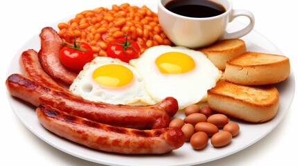 A Delicious Full English Breakfast Plate Featuring Sausages, Eggs, Tomatoes, Baked Beans, Toast, and Coffee for a Perfect Morning Meal Experience