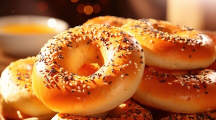 Freshly Baked Bagels with Toppings on Display for Artisanal Bakery Presentation and Gourmet Food Photography