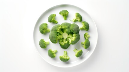Fresh Broccoli Arrangement on a White Plate Showcasing Healthy Green Vegetables for Nutrition, Cooking, and Culinary Uses in a Clean Modern Setting