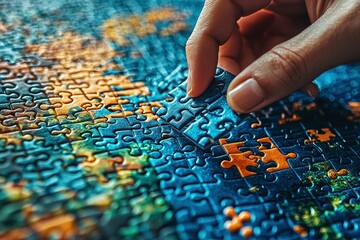 Hand Placing Last Piece of Colorful Puzzle on a Table Surrounded by Completed Sections, Signifying Completion and Achievement in Hobbies and Leisure Activities