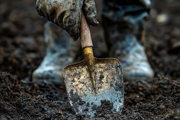 Close-Up of a Gardener's Gloved Hand Holding a Rusty Shovel, Digging into Dark Brown Soil, Capturing the Essence of Hard Work in the Garden