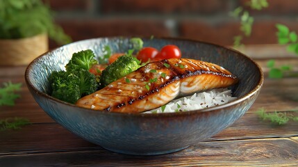 Enjoy a delicious grilled salmon fillet accompanied by a vibrant assortment of fresh vegetables and fluffy rice, all served in a charming rustic setting