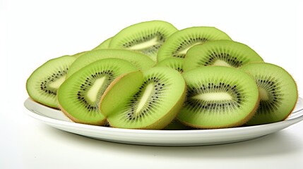 Fresh and Juicy Kiwi Slices on a White Plate with Vibrant Green Flesh and Black Seeds, Perfect for Healthy Recipes, Summer Dishes, and Tropical Fruit Salads