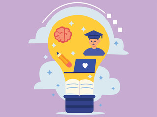 Education Concept. Flat Style vector illustration a person inside a light bulb with books, symbols, and thoughts representing imagination, learning, and innovation.