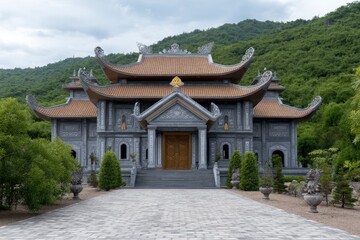 Serene Gray Temple: Asian Architecture in a Lush Green Landscape