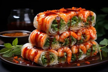 Freshly Prepared Shrimp Spring Rolls Stacked Elegantly on a Plate with Sauce and Herbs for a Delectable Asian Culinary Experience