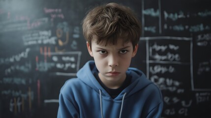 Teenage boy in blue sweatshirt with serious expression in classroom surrounded by math equations and notes during study session