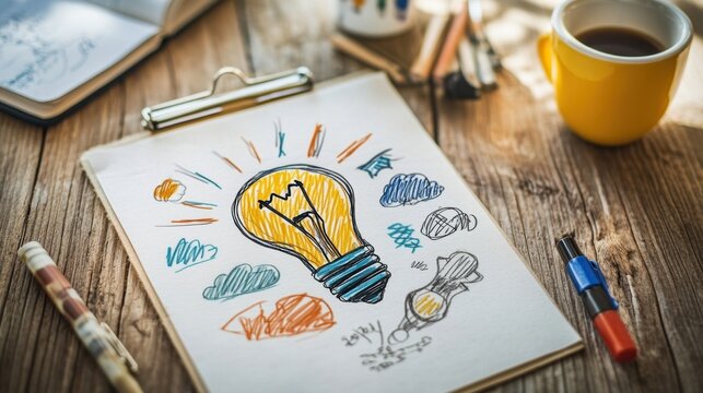 Light Bulb Sketch on Clipboard with Coffee Cup