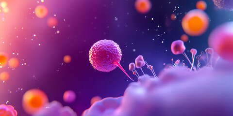 Abstract representation of microscopic organisms floating in colorful space, highlighting cellular structures and interactions.