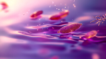 Beautiful microscopic view of purple microorganisms floating in water, showcasing vibrant colors and intricate details.