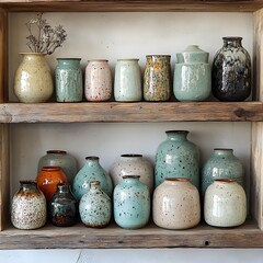 Handmade pottery showcase on wooden shelf high resolution image