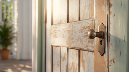 Weathered wooden door with peeling paint in a bright setting  