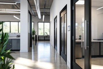 Modern office hallway with natural light.  Open-plan layout features polished concrete flooring, white walls, and dark-framed doors.  Plants and kitchenettes are visible in the background
