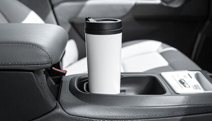 the image shows the center console area of a vehicle. a white, cylindrical travel mug with a black lid sits securely inside a cup holder. the armrest and part of a seat are visible in the background