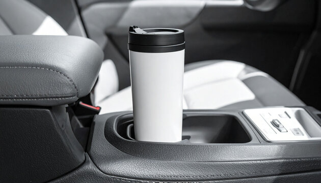 the image shows the center console area of a vehicle. a white, cylindrical travel mug with a black lid sits securely inside a cup holder. the armrest and part of a seat are visible in the background