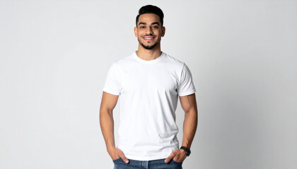 the photo showcases a man standing against a simple background. he is dressed casually in a light colored shirt and darker colored jeans