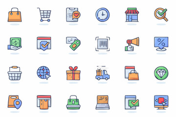 E-commerce web flat line icon. Bundle outline pictogram of shopping, store, discount, sale, cart, delivering, gift, payment, marketing concept.