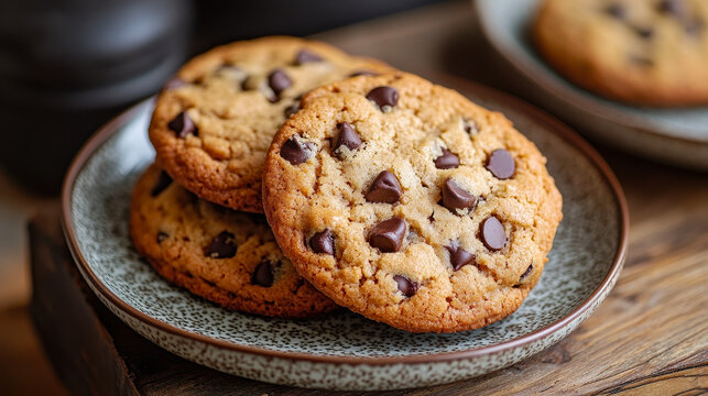 Freshly Baked Chocolate Chip Cookies on Rustic Plate in Cozy Kitchen Setting - Close-Up Shot Perfect for Home Baking and Comfort Food Themes