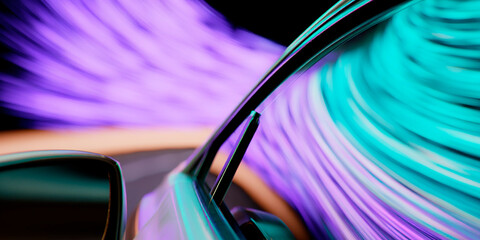 Close-up of car driving through a tunnel of swirling purple and teal light trails, capturing motion, speed and futuristic road travel from a dynamic perspective
