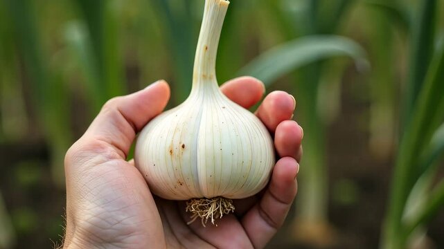Big garlic vegetable garden, farm, seedlings, plants, vegetables. AI Generative