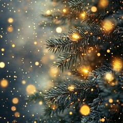 Fototapeta premium Christmas tree background. New Year composition with spruce and lights. Close up image of christmass tree
