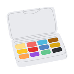 Open watercolor paint set with twelve vibrant color pans in a light case. Creative tool illustration symbolizing art, painting, and artistic expression