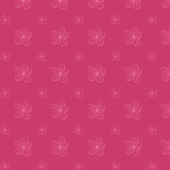Seamless cherry blossom outline pattern with delicate floral shapes on a bright pink background. Elegant spring-themed design ideal for fabric, wallpaper, or feminine decorative projects