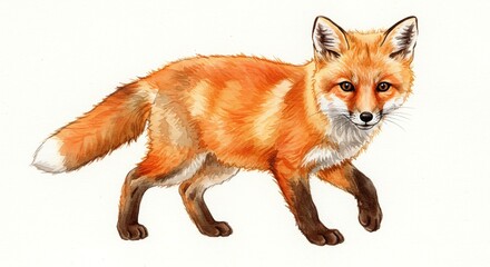 Fototapeta premium Watercolor painting of a red fox on a white background. The fox is depicted walking forward in a realistic style with rich orange and brown colors.