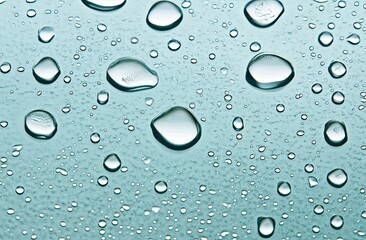 Water droplets on a light teal surface.  Close-up view of many small, various-shaped water droplets, reflecting light