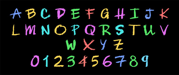Colorful vector illustration of the English alphabet and numbers 0-9, hand-drawn in a crayon, chalk, pastel, or wax style. Highlighter effect on a board, perfect for kindergarten drawing and learning.