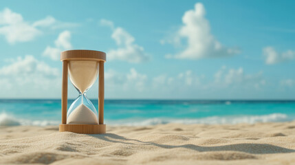 Hourglass on the beach symbolizing the passage of time against ocean backdrop  