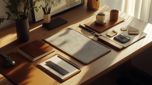 Elegant Wooden Desk Scene A Modern Workspace with Subtle Light and Natural Tones for creative activities.