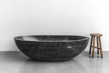 Dark grey stone bathtub, oval shape, sits on a concrete floor, minimalist aesthetic, wooden stool