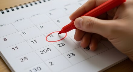 Mano femenina con marca de bolígrafo en la fecha del calendario