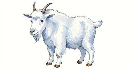 Fototapeta premium A white mountain goat with curved horns stands calmly. It has a thick coat and a beard. Its posture suggests confidence.