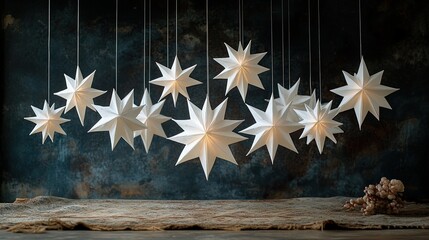 Fototapeta premium Floating Origami Stars on Strings - Delicate white origami stars suspended at varying heights with nearly invisible strings, creating a dreamy constellation effect against a dark backdrop.