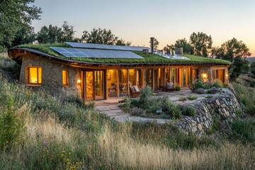 Sustainable home nestled in a hillside landscape.