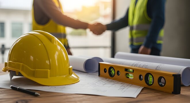 Casco de seguridad amarillo en el escritorio del lugar de trabajo con un equipo de trabajadores de la construcci&oacute;n d&aacute;ndose la mano para saludar el plan de inicio del nuevo contrato del proyecto en el 